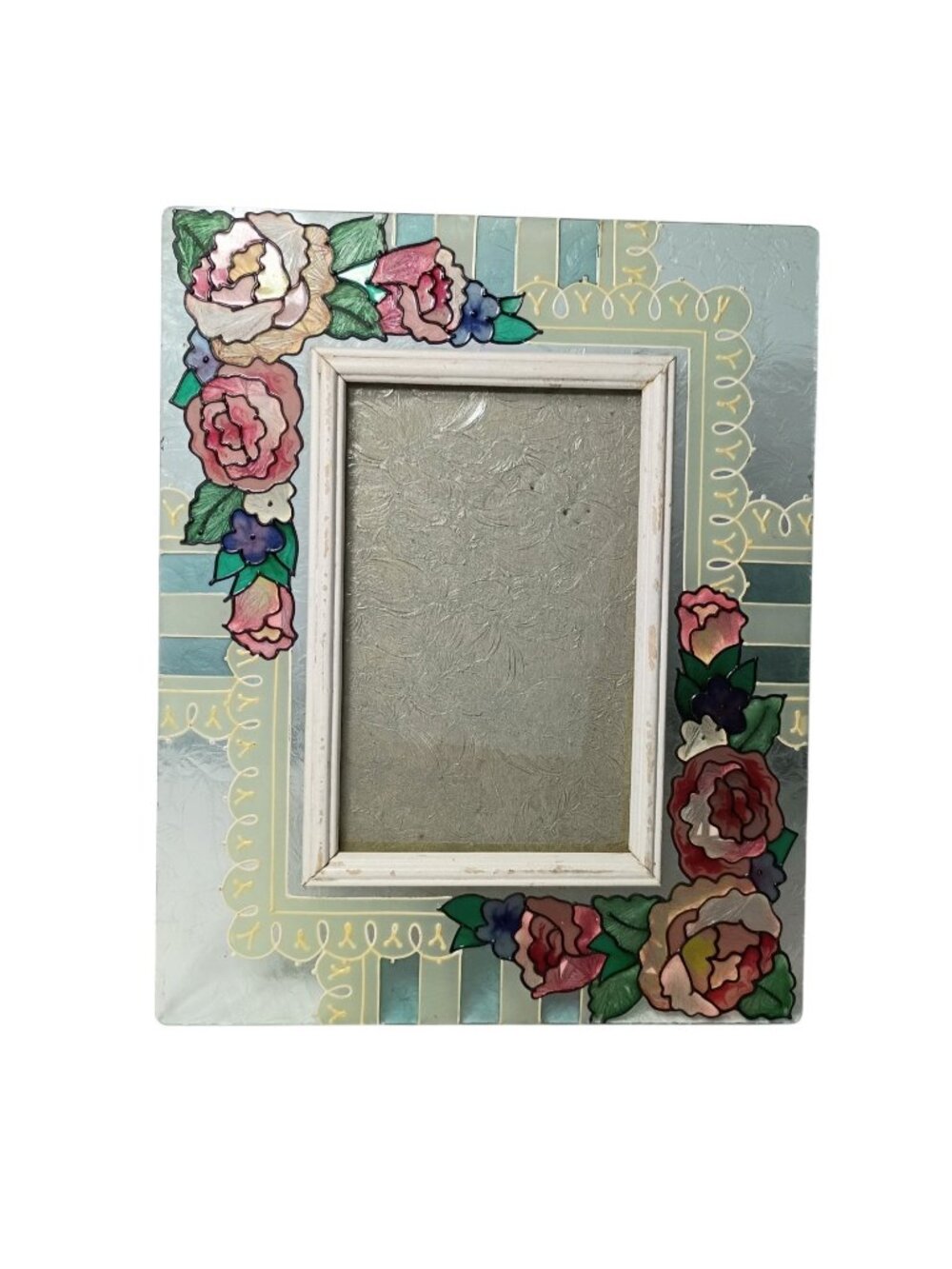 Vintage Joan Baker Designs Handpainted Iced Glass Picture Photo Frame Flowers